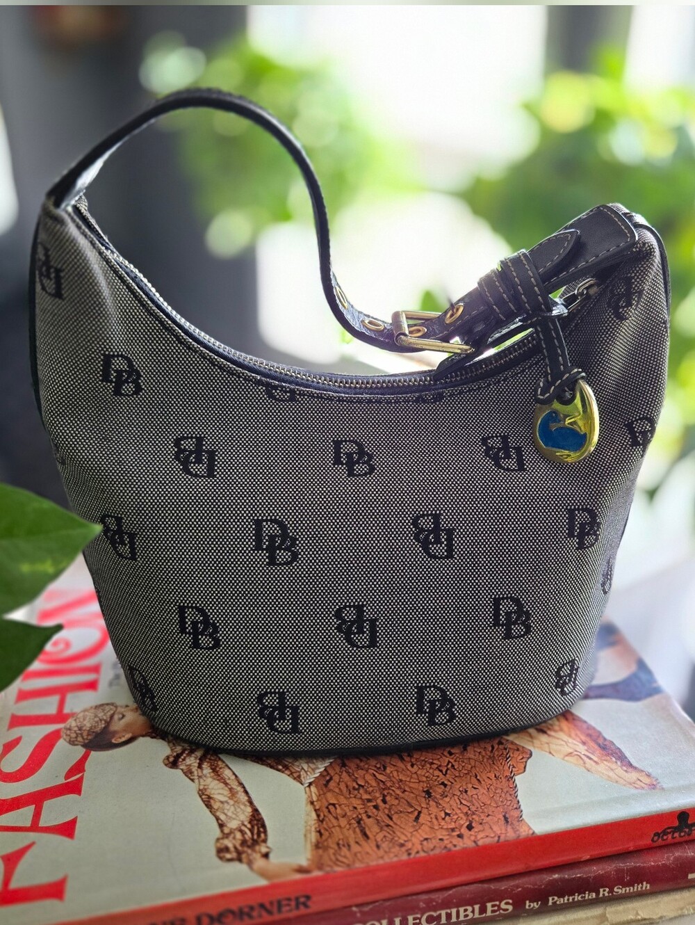 Dooney And Bourke Signature Monogram Canvas Small Bucket Hobo Bag